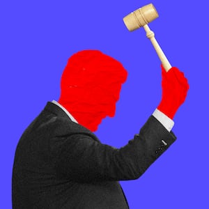 A photo illustration of the House Speaker holding the gavel.