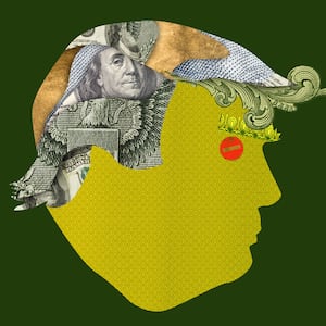 Photo illustration of Donald Trump made out of money on a green background.