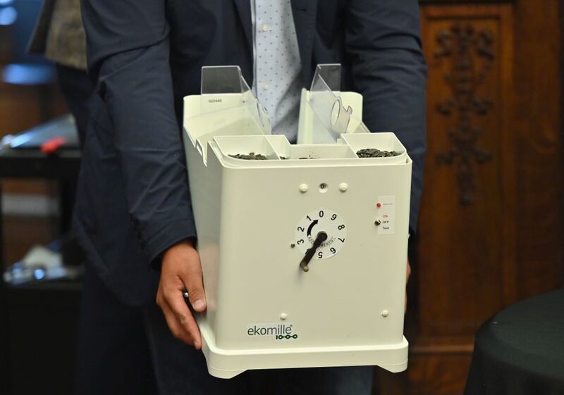 A bucket-shaped rat trap is displayed at a press conference held by Brooklyn Borough President Eric Adams in 2019.