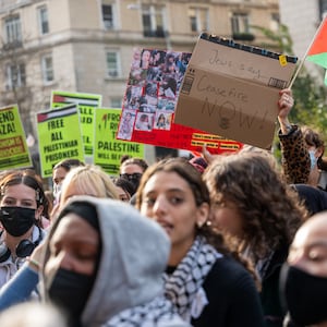 Students participate in a protest in support of Palestine and for free speech outside of the Columbia University campus on November 15, 2023 in New York City.