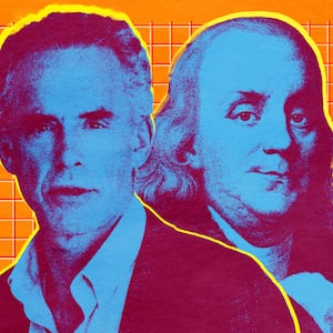 A photo illustration showing Benjamin Franklin and Jordan Peterson.