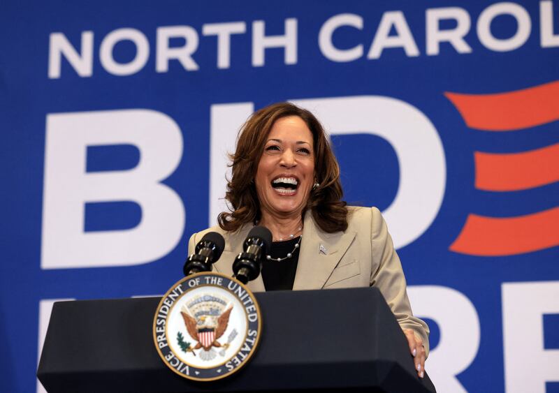 U.S. Vice President Kamala Harris campaigns at Westover High School in Fayetteville, North Carolina, U.S., July 18, 2024.