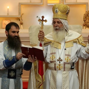 Father Isaac Royel (L) and Bishop Mar Mari Emmanuel, two men stabbed in an alleged knife attack at the Christ The Good Shepherd Church in Sydney, Australia, which has been deemed a terrorist incident. 