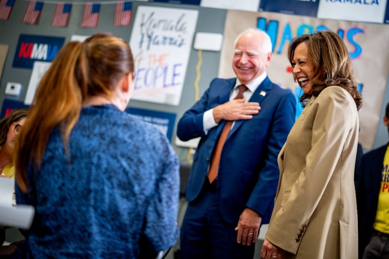 Vice President Kamala Harris and Minnesota Gov. Tim Walz visit a campaign office in Glendale, Arizona.