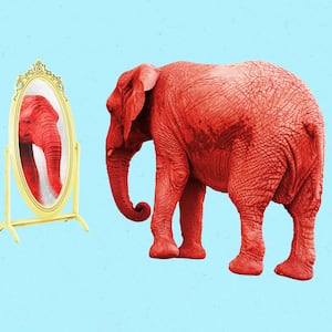 A photo illustration of a red elephant looking into a mirror.