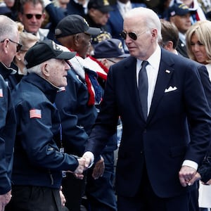 President Joe Biden and first lady Jill Biden meeting war vets at the D-Day celebration in France last month.