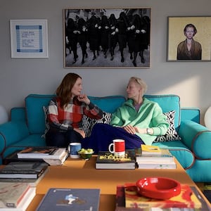 A photo still of Julianne Moore and Tilda Swinton in 'The Room Next Door'