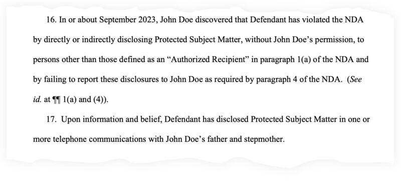 A snippet from John Doe’s lawsuit against his girlfriend for telling his folks about his $1.35 billion lottery win.