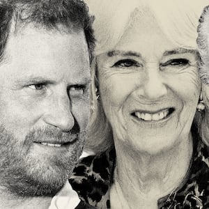 Photo illustration of Prince Harry, Queen Camilla, and King Charles