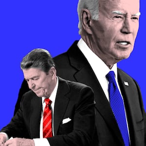 A photo illustration of Ronald Reagan and Joe Biden