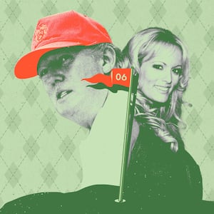 Photo illustration of Donald Trump and Stormy Daniels on a green background