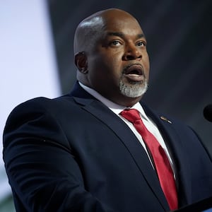 North Carolina Lt. Gov. Mark Robinson speaks on stage on the first day of the Republican National Convention