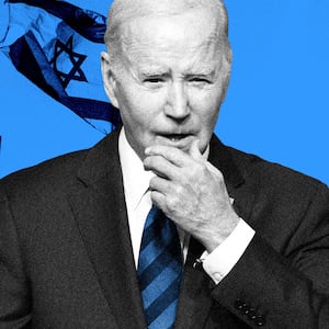 A photo illustration of Joe Biden with Israel flags behind him