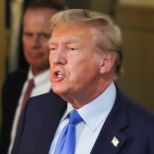 Former U.S. President Donald Trump speaks at a Manhattan courthouse in New York City, U.S., October 2, 2023.