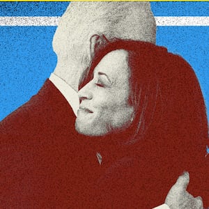 Photo illustration of Kamala Harris and Joe Biden hugging on a yard sign