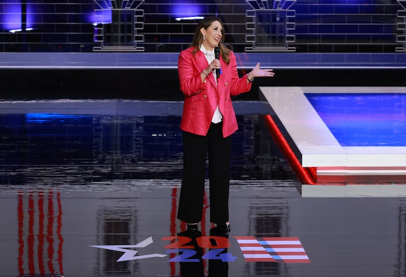 RNC chairwoman Ronna McDaniel delivers remarks before the NBC News Republican presidential debate.