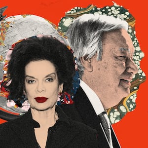 Photo illustration of Bianca Jagger and Antonio Guterres.