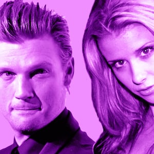 Illustration featuring Melissa Schuman and her alleged rapist, Backstreet Boys member Nick Carter.