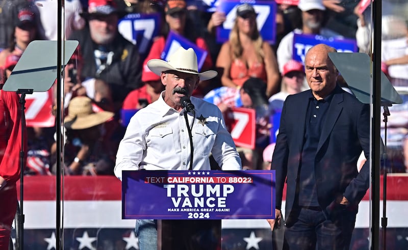 Sheriff Chad Bianco speaks at the Coachella Trump rally on Saturday.