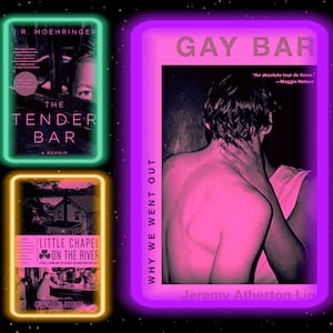 A photo illustration showing the books covers of the best books about the best bars including The Tender Bar, Sunny’s Nights, The Last Fine Time, Gay Bar Why We Went Out, Drinking with Men and Little Chapel on the River.