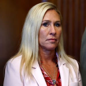 U.S. Rep. Marjorie Taylor Greene (R-GA) attends a press conference alongside fellow Republicans following the passage of the Secure the Border Act.