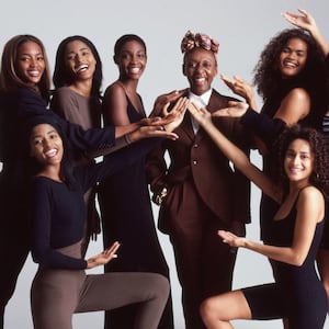 A still photograph of Bethann Hardison with the 1991 Black Girls Coalition in Invisible Beauty.