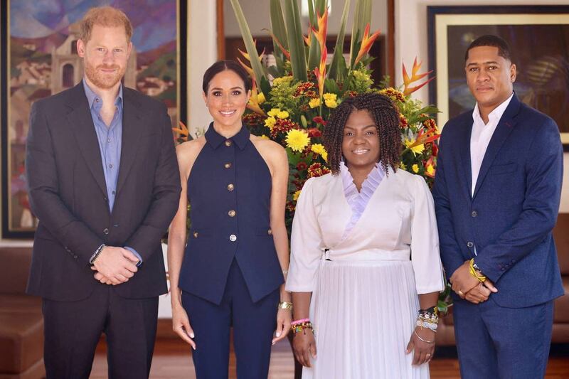 Prince Harry, Meghan, Duchess of Sussex, Colombia's Vice President Francia Marquez and her partner Rafael Yerney Pinillo pose for a photograph, in Bogota, Colombia August 15, 2024.