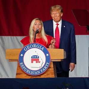 Former U.S. President and Republican presidential candidate Donald Trump and U.S. Rep. Marjorie Taylor Greene (R-GA) attend the Georgia Republican Party convention in Columbus, Georgia, U.S. June 10, 2023.