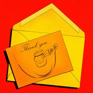 Illustration of a thank you note in yellow and orange with Donald Trump's cursing face drawn on it