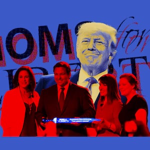 A photo illustration of Ron Desantis with the founders of Moms for Liberty presenting him a sword, with Donald Trump in the background.