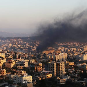 A photograph of smoking rising from buildings in Jenin, West Bank after Israeli forces conducted airstrikes and a raid on the city.