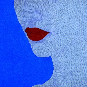 Photo illustration of a 3D facial map of a woman with red lips