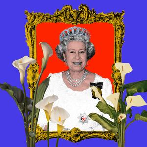 Photo illustration of Queen Elizabeth II in a gilded frame with calla lilies around her.