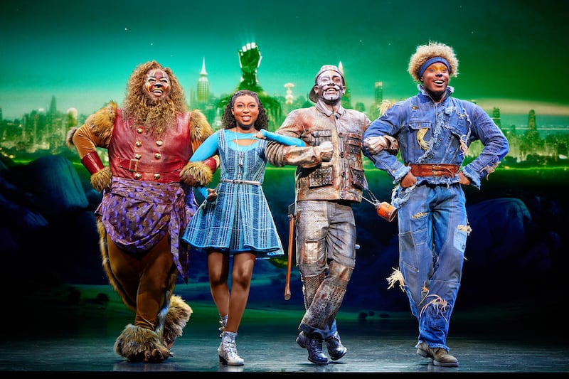 Kyle Ramar Freeman as Lion, Nichelle Lewis as Dorothy, Phillip Johnson Richardson as Tinman, and Avery Wilson as Scarecrow in 'The Wiz.'