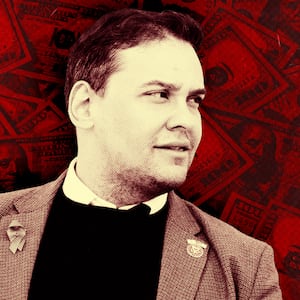 A photo illustration of Rep. George Santos over a red background of money.