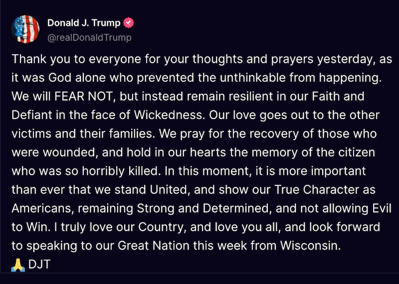 Donald Trump’s post on Truth Social Sunday morning. 