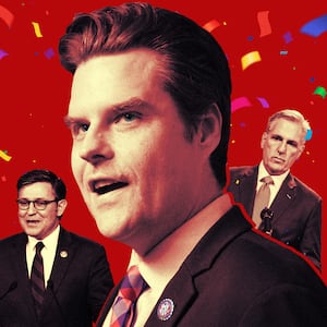 A photo illustration of representatives Mike Johnson, Matt Gaetz and Kevin McCarthy.