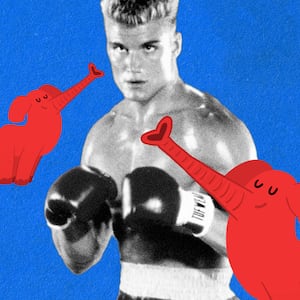 A photo illustration of Dolph Lundgren as Drago in Rocky IV surrounded by red elephants