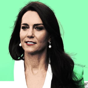 Photo illustration of Kate Middleton on a mint green background