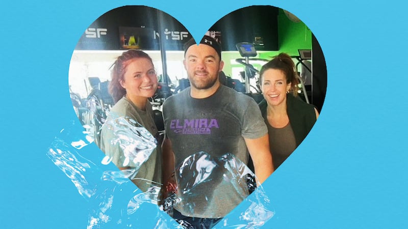 A photo illustration of a Heather Maio, her husband and daughter after a workout.