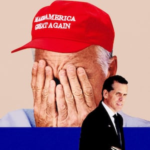 A photo illustration showing a man with a MAGA hat and Hunter Biden.