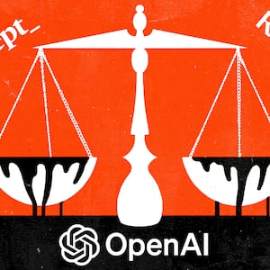 An illustration including a photo of the logos The Intercept, RawStory, AlterNet and OpenAI