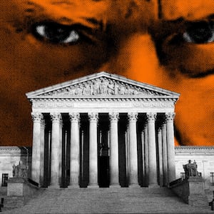 Photo illustration of Donald Trump's mugshot behind the United States Supreme Court building