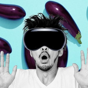 An illustration including a photo of a person wearing Apple Vision Pro VR set and a wall of eggplants