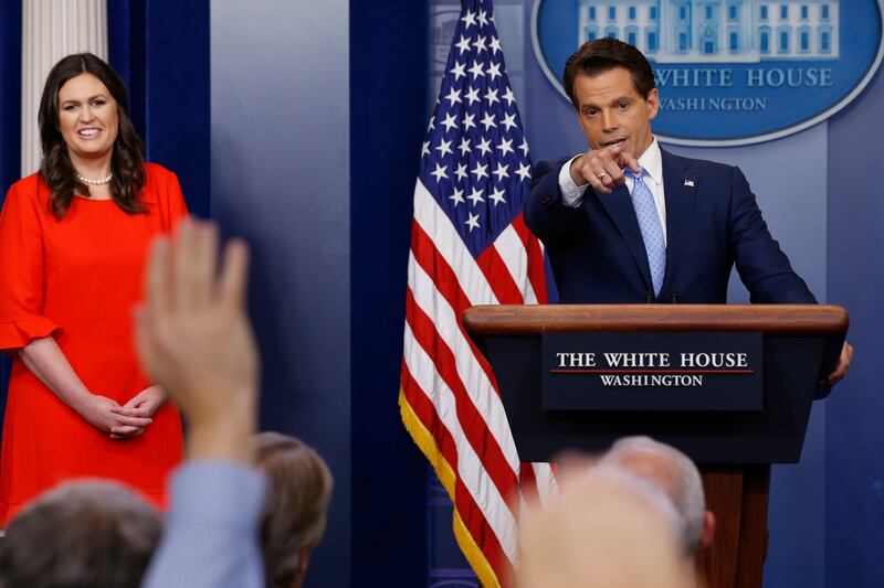 Anthony Scaramucci takes questions from reporters in the White House.