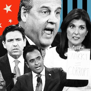 Photo illustration of Nikki Haley, Vivek Ramaswamy, Chris Christie, and Ron DeSantis