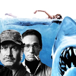 An illustration including photos from the Film JAWS and actors Colin Donnell as Roy Scheider, Alex Brightman as "Richard Dreyfuss", and Ian Shaw as "Robert Shaw" in Broadway play The Shark is Broken