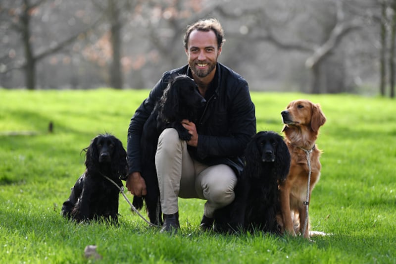 Ambassador for the Friends for Life award James Middleton poses for a photograph with his dogs Inka, Luna, Ella and Mabel at a launch event for this year's Crufts and Friends for Life in Green Park, London.