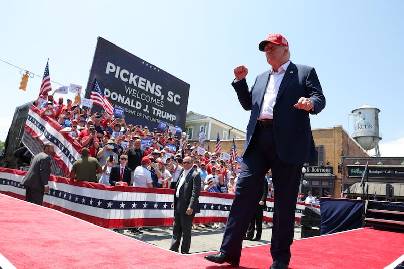 Former U.S. President Donald Trump dances on the day of his "Make America Great Again" rally in Pickens, South Carolina, U.S., July 1, 2023. REUTERS/Evelyn Hockstein