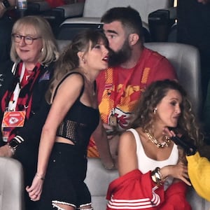 Taylor Swift speaks to Jason Kelce during Super Bowl LVIII